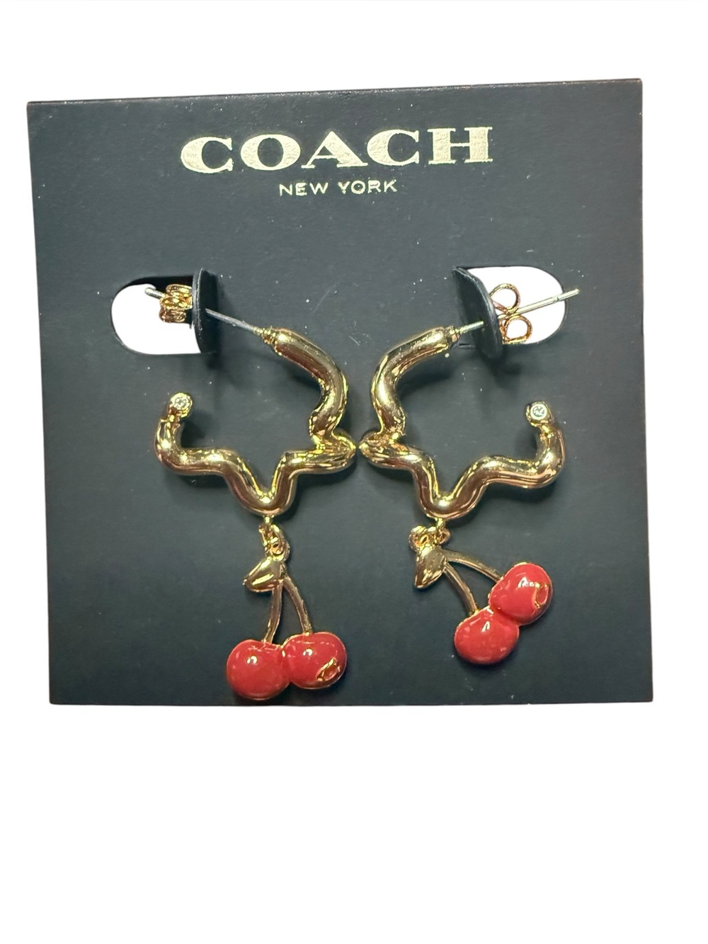 Coach Cherry Hoop Earrings Gold Tone Red Enamel Dangle Statement Earrings